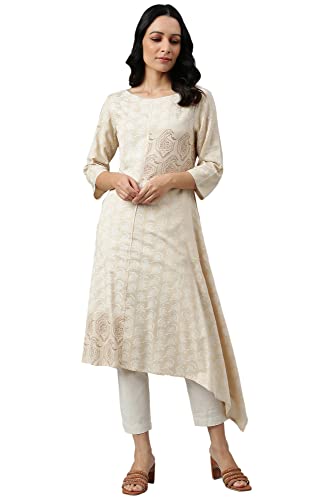 Image of W for Woman Women's Rayon Regular Fit Asymmetric Paisley Print Kurta in Boat Neck