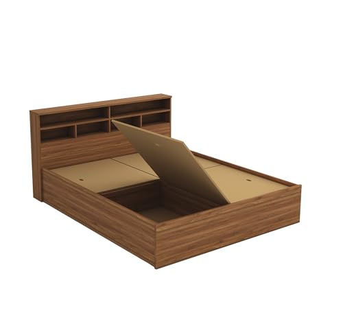 Image of DesignFit Engineered Wood Queen Size Bed with Box Storage | Wooden Double Bed Cot Palang Furniture for Bedroom Living Room Home Hotel (Walnut Finish) 1 Year Warranty