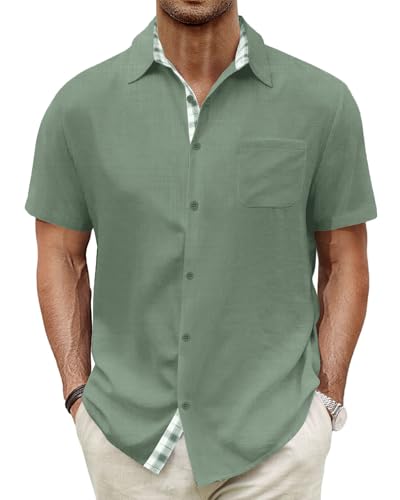 HMIYA Herren Kurzarm Hemd 100% Baumwolle Button Down Freizeithemden Sommer Strand Regular Fit Shirt,Grün,3XL