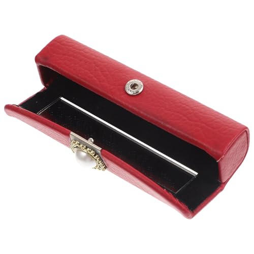 OSALADI Estuche Portátil para Lápiz Labial Estilo Retro con Espejo Interior Caja Organizadora de Labios en Tamaño Delgado Diseño en Piel Sintética Granate y Perla Adecuado para Uso