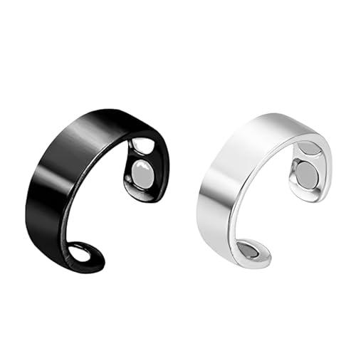 PRAOFRT 2 Piezas anillos de terapia magnética, anillo magnético de drenaje linfático, anillo de dedo abierto para pérdida de peso, anillos delgados de terapia magnética ajustable (Negro+Plata)