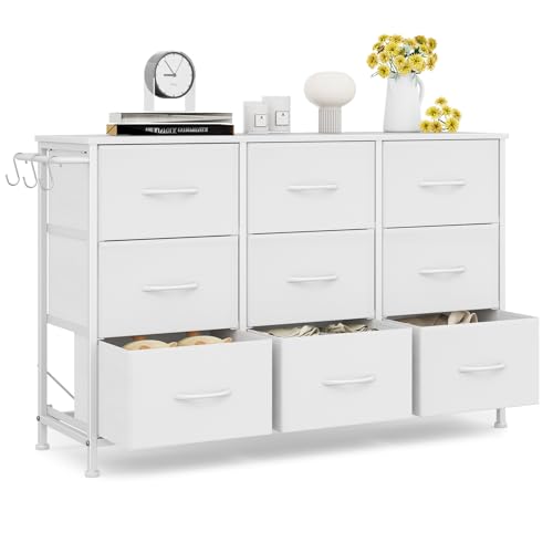 Meuble de Rangement à Tiroirs en Tissu Industriel Moderne avec 9 Tiroirs et Crochets Métalliques, Commode Double Rangée en MDF et Métal pour Chambre, Entrée, Salon...