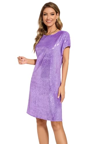 Image of Women's Crewneck Sequin Shift Dress Short Sleeve Casual Holiday Sparkly Party Dress