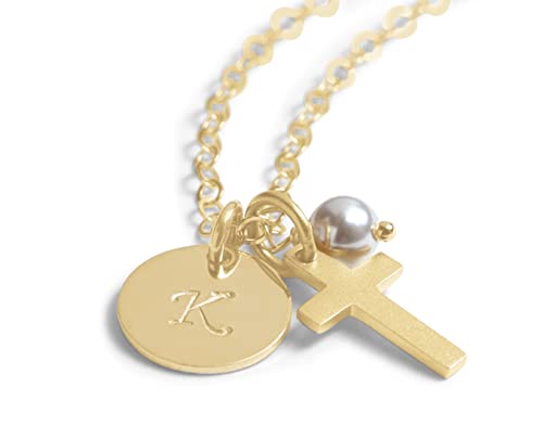 God Daughter Gift, Cross Initial Birthstone Necklace, 14k Gold Fill with 24k Satin Gold over Sterling Silver Baptism or Confirmation Present, Dainty Cross with Personalized Initial