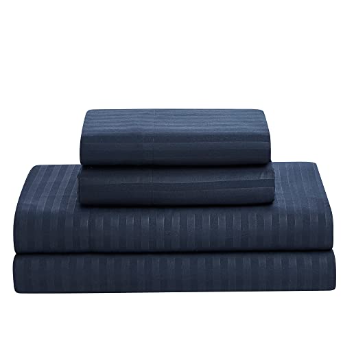 Image of Sweet Home Collection 8 Piece Bed in A Bag with Dobby Stripe Comforter, Sheet Set, Bed Skirt, and Sham Set - Queen - Navy