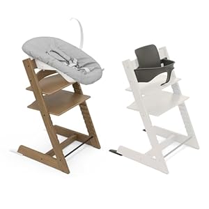 Silla de Roble Tripp Trapp de Stokke (Café) con Newborn Set y Baby Set (Gris Bruma) – Diseño Seguro, Ajustable y Ergonómico
