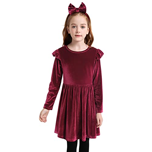 Jxstar Girls Long Sleeve Velvet Dress Fall Winter Christmas Party Dresses Matching Headband
