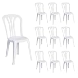Solycarpa Pack 10 Silla Garrocha Alta Apilable Blanca sin Reposabrazos para Jardín, Camping y Playa. Silla Ergonómica de PVC, Cómoda, Resistente, Fácil de Transportar y Apilar para Catering.