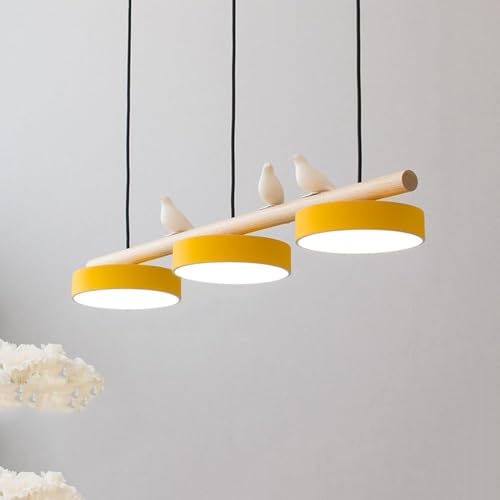 3-Lights Modern LED Linear Pendant Light, Dining Room Table Dimmable Long Strip Chandelier, Nordic Bird Decorate Wood Hanging Lamp for Kitchen Island Farmhouse Hallway(Yellow)