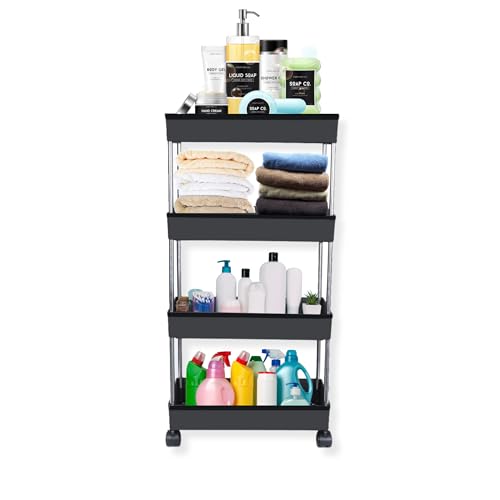 Image of AEXONIZ TOYS Plastic Kitchen Storage Trolley Rack with Wheels, Slide Out Rolling Utility Cart Storage Shelves, Space Saving Home Storage Organizer Racks (Black, 4 Layer)
