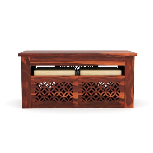Image of Sheesham Wooden Coffee Table with 2 Stool for Home, Office | Solid Wood Center Table for Living Room, Meeting Room Center Tea Table with Seating Stool, Modern Carved- in Honey Finish