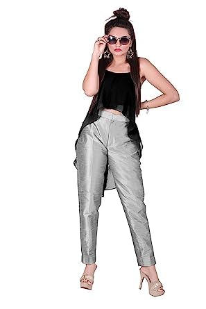 Pantalones de ajuste regular color plata talla L para mujer 3