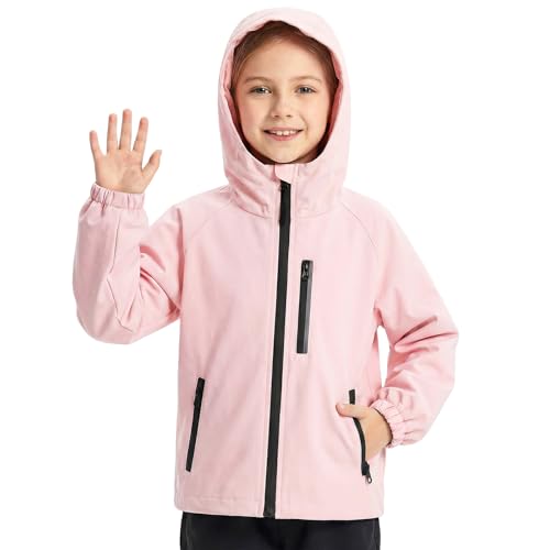 Domueay Mädchen Wasserdicht Jacken Leichte Atmungsaktiv Jacke Kinder Regenjacke Frühling Herbst Übergangsjacke mit Reflexionsstreifen Winddicht Mantel Outdoorjacke 7-8 Jahre Rosa