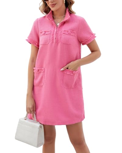 Ladyful Womens Tweed Jackie Dress Short Sleeve Elegant Mini Dress V Neck Work Office Business Wedding Guest Dress