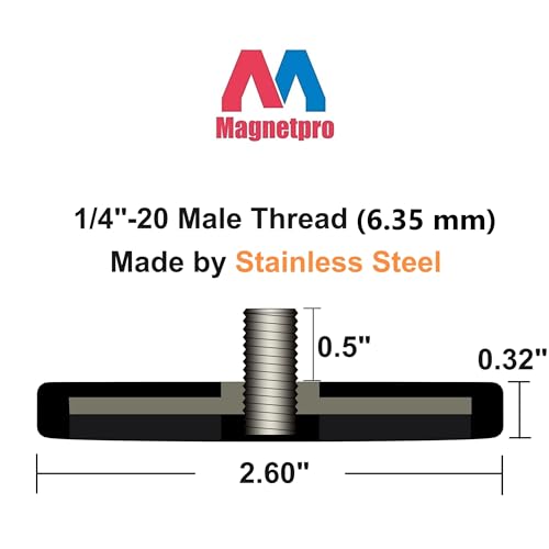 Image of Magnetpro 2 Pieces Strong Rubber Coated Mounting Magnets 65 LB | Anti-Scratch & Anti Corrosion, Over 65 LB Adhesive Power, 1 /4 inch-20 Stainless Steel Male Thread with Nuts for PTZ, Camera
