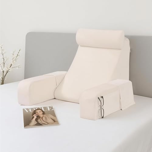 Back Pillow for Bed Sitting up Reading Pillow for Sitting in Bed Adult Back Support Pillow with Arms for Watching TV/Reading/Gaming/Resting (Pink-White)