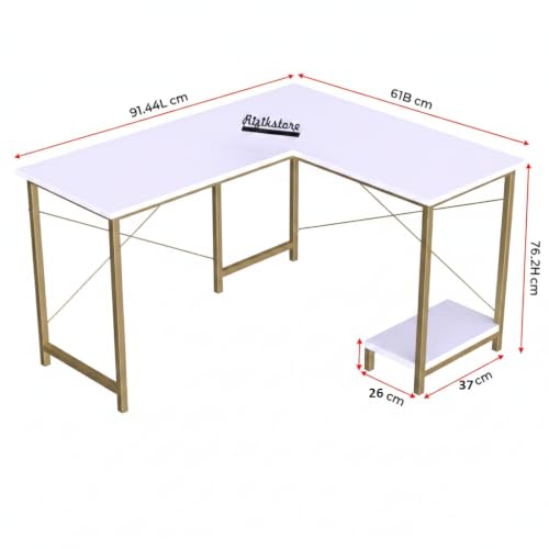 Image of RIZIK Store L-Shaped Computer Desk | 50-Inch Corner Gaming & Study Table with Engineered Wood Top, Metal Frame & CPU Shelf | Writing Workstation for Bedroom, Office & Small Rooms (White Gold)