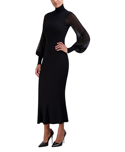 Image of BCBGMAXAZRIA Women's Long Balloon Sleeve Turtle Neck Fluted Pullover Sweater Dress