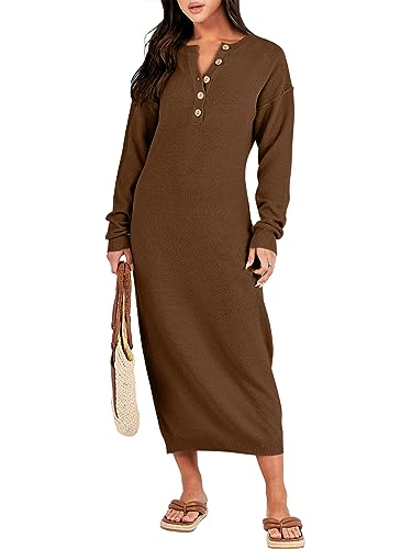 Image of ANRABESS Women Long Sleeve Button V Neck Oversized Casual Loose Fit Waffle Knit Fall Midi Sweater Dress 2026 Trendy Outfits