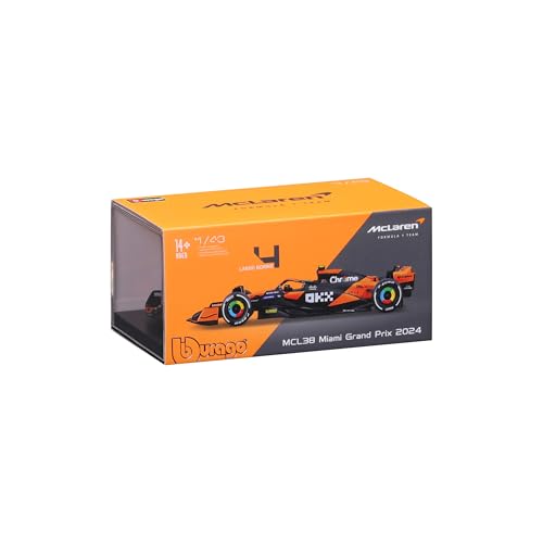 Image of Bburago 1:43 Scale 2024 Race McLaren MCL38 Die-Cast Formula Vehicle with Helmet, Norris #4