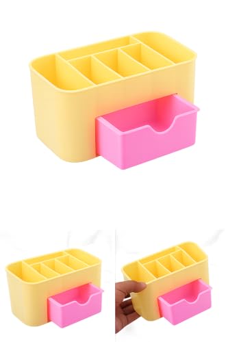 Image of Desktop Makeup Organiser, PP Plastic, Multi-Compartment with Pull-Out Drawer, Yellow and Pink, for Cosmetics and Stationery
