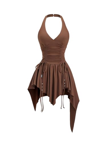 WDIRARA Women's Punk Halter Mini Dress Western Asymmetrical Ruffle Sleeveless Drawstring Ruched A Line Dresses