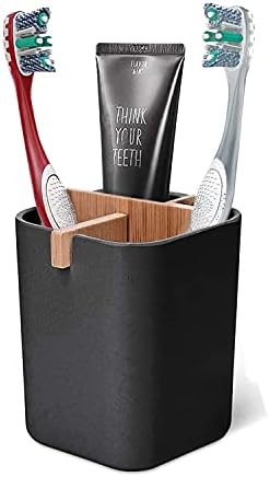 Bamboo Toothbrush Holder Cup for Bathroom with 4 Detachable Compartments, Multifonctional Countertop Stand Organizer for Kitchen Utensils Office Supplies Pen Toothpaste (Black)