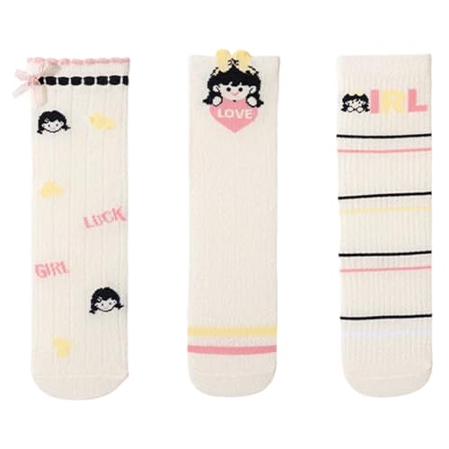 Girls Socks Ribbed Cuffs Keen High Crew Socks Cartoon Bow Flower Mesh Knit Cotton Colorful Socks for Girls 3 Pairs