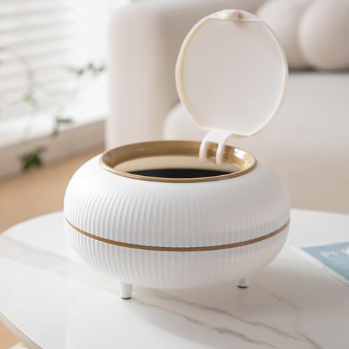Image of Mini Portable Tabletop Dustbin, Mini Trash Can with Lid - Wastebasket for Bathroom Vanity, Desktop, Tabletop (Square Press - White) (Light White)