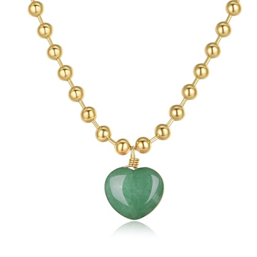 COAI Collar de Mujer de Cadena de Bolas de Acero Inoxidable Chapado en Oro con Colgante de Corazón de Aventurina Verde, Collar de Piedra Natural para Mujer