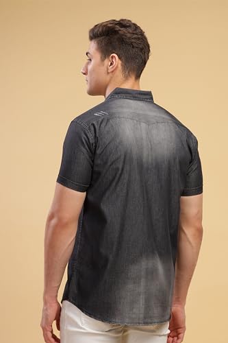 Image of Kuons Avenue Men's Black Double Pocket Half Sleeve Denim Shirt | Western Denim Shirt for Men