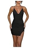 Floerns Women's Deep V Neck Mini Dress Spaghetti Strap Split Concert Outfit Bodycon Dresses Black Medium