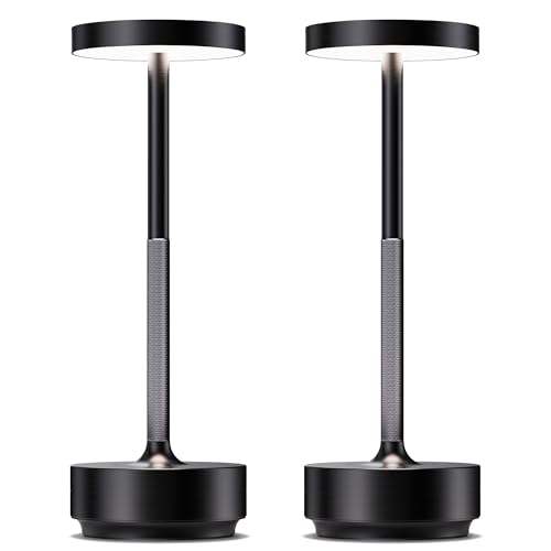 SAKRINGT 2 Pack Rechargeable Cordless Table Lamp - Battery Operated LED Portable Table Light with 3 Color Stepless Dimming, Memory Function - IP54 Waterproof for Outdoor, Restaurant, Patio, Camping