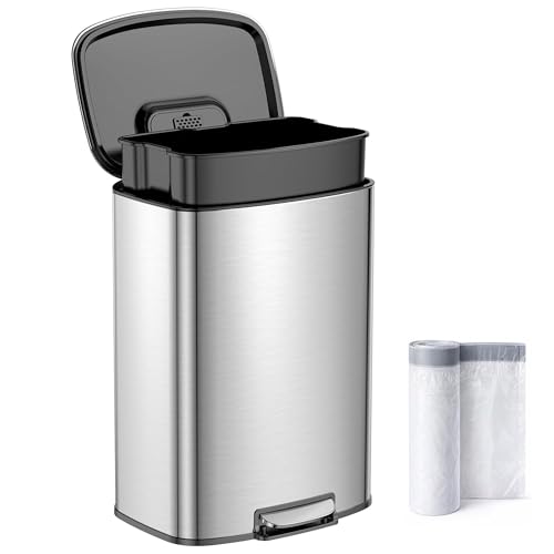 YEAUPE PRO Mülleimer Küche 50L Edelstahl, Treteimer mit Deckel Soft Close, Abfalleimer mit Herausnehmbarem Inneneimer,Geruchsdicht,Großer Küchenabfalleimer,Mülleimer System Küche, inkl. 15 Müllbeutel