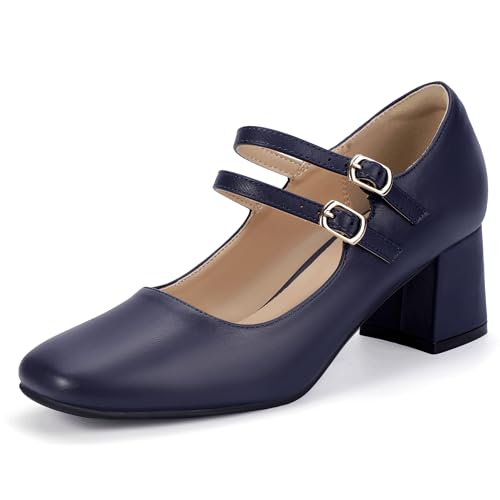 IDIFU IN2 Mary Jane Shoes Women Dress Shoes Women's Pumps Chunky Low Block Heels Square Closed Toe Strappy Wedding Business Bride Comfortable Short Graduation Two Strap Cute Vintage Heels Pumps Shoes