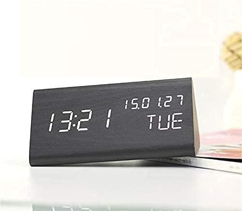 TRADE Triangle Wooden LED Alarm Clock, Modern Design Voice Actived Digital Desk Clock with Time Temperature Week Display & 3 Level Brightness Adjustment Bedside Wood Clock for Home Office