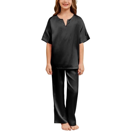 QPANCY Girls Silk Pajamas 2 Piece Short Sleeve Pjs Set Kids Satin Pajamas V Neck Shirt with Long Pant Soft Loungewear