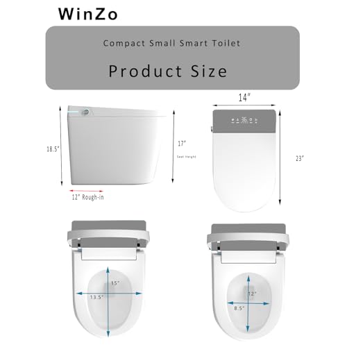 WinZo inodoro inteligente compacto 23" con asiento bidé incorporado para baño pequeño, descarga automática, luz LED nocturna, asiento bidé calefaccionado con secado de aire tibio (blanco con panel gris) miniatura 6