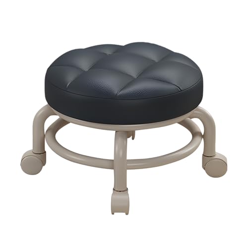 YUYTE Elegante Taburete bajo con Ruedas de 360°, Piel Sintética para Uso en el Hogar, Salón y Oficina, Diseño Silencioso y Que Ahorra Espacio (Black)