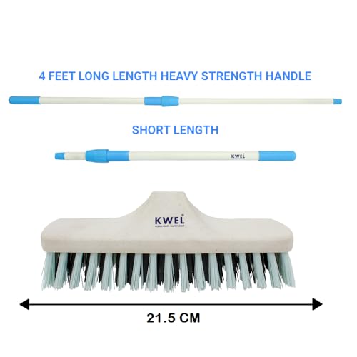 Image of KWEL Plastic Cleaning Heavy Duty Hardy Brush with Telescopic Rod for Sweeping, Cleaning Floors Long Handle Dust Cleaning Brush for Tiles, Carpet (Pack of 1) White