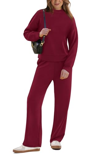 Image of WIHOLL Two Piece Sets for Women Fall Outfits Lounge Sets Mock Neck Tops Wide Leg Pants Vacation Travel Airport Outfits