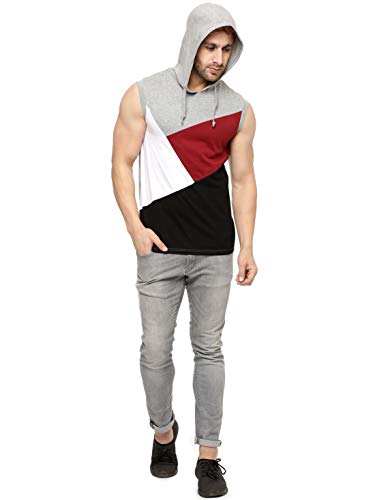 Image of GRITSTONES Men's Cotton Hooded Sleeveless Grey Melange /Black Cotton T-Shirt