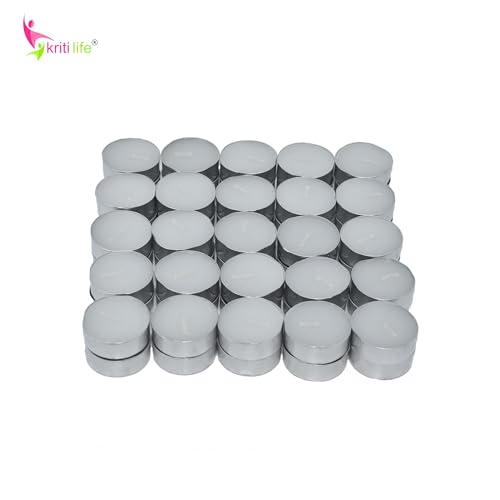 Image of Kriti Life Tealight Candles - 100% Paraffin Wax, Smokeless & Unscented, Long Burn 3 Hours, Set of 50 Pcs, Dripless White Candles for Home Decor, Diwali, Weddings, Meditation