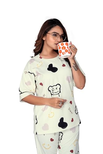 Image of Women's Pajama Set with Top & Pants|| Korean Night Wear|| Loose Fit Home Wear || Lightweight Printed Set || Soft & Comfy Girls & Women