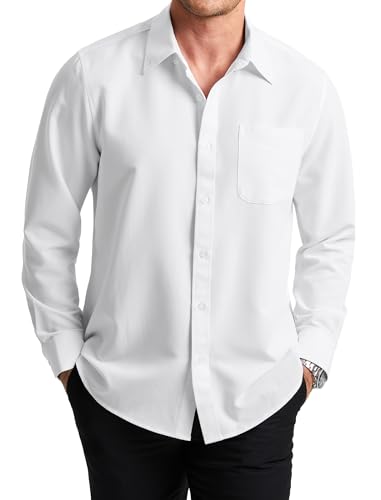 Enlision Camisa Blanco de Manga Larga para Hombre Camisa Vaquera Informal con Botones y Antiarrugas para Hombre Negocios sin Planchado con Bolsillo,L