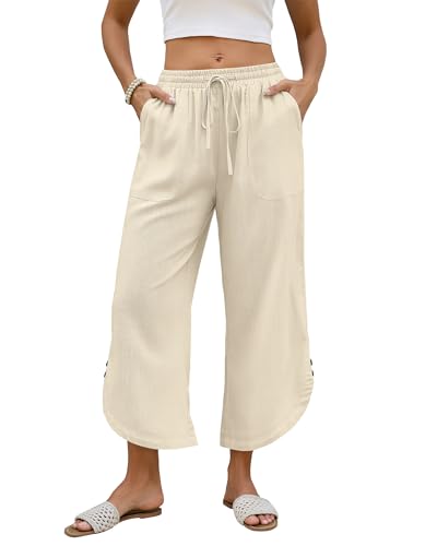 Bsubseach Womens Cotton Linen Pants Summer Capri Pants Comfy Cropped Lounge Pants with Drawstring Apricot L
