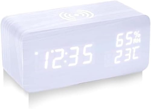 AZIEBAY 目覚まし時計 デジタル式 温度・湿度・日付表示 木目調 子供用 電池/充電両対応 明るさ調節 メモリ機能 省エネモード 室内用 カレンダー機能 部屋装飾 ギフト向け