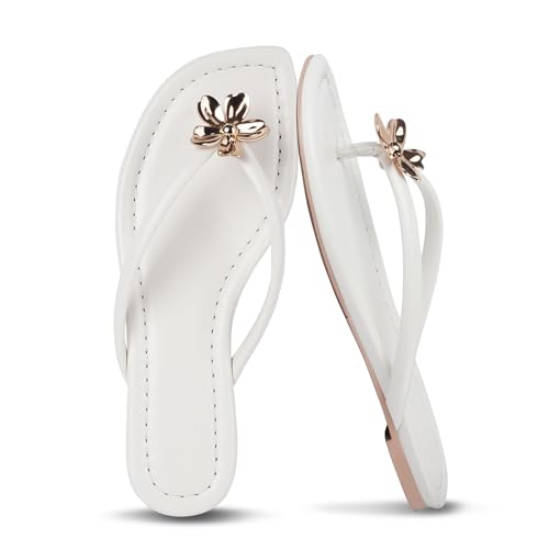 Gothictor Women's Flip Flops Floral Flat Sandals for Women Square Toe Slip on Comfortable Dressy Thong Sandals Beach Wedding Shoes White 9