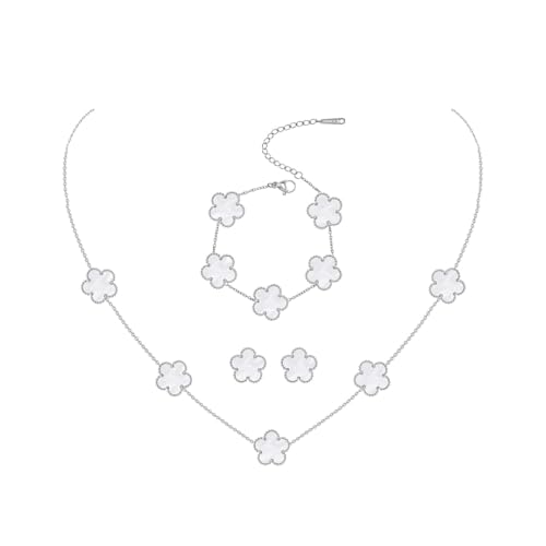 JYIXXZX Ensemble de Bijoux Trèfle à Quatre Feuilles pour Femme Argent Acier Inoxydable Porte Bonheur Trèfle Collier Boucles d'Oreilles Bracelet Réglable...