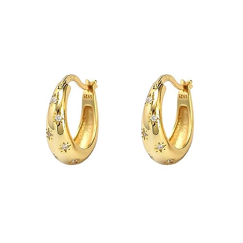 925 Sterling Silver CZ Star Chunky Small Hoop Earrings for Women Teen Sensitive Ear Dainty 14K Gold Plated Oval Crystal Stars Hypoallergenic Huggie Hoops Fashion Trendy Jewelry Christmas Gift